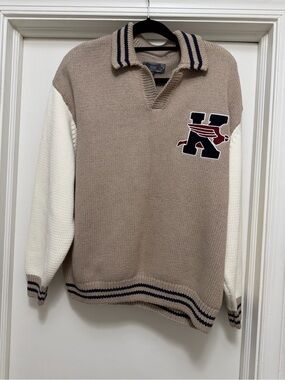 KITH Beige & Cream V-Neck Varsity Knit Sweater with Navy Trim